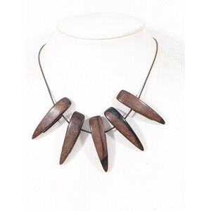 Wood Statement Necklace Brown‎ Leather Cord Tribal Boho Pointed Beads 17"